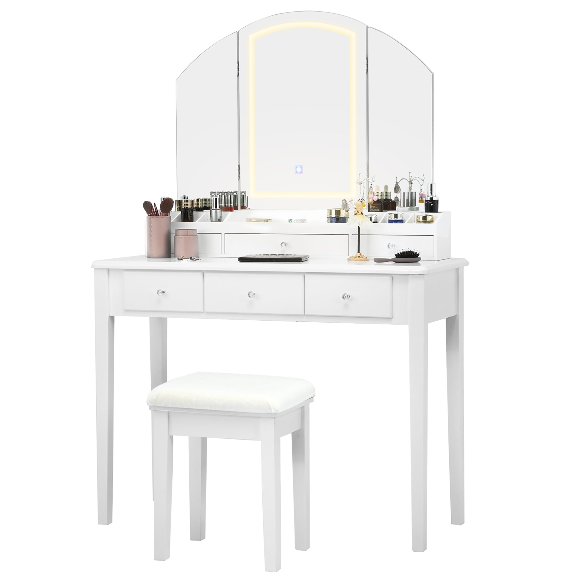 Lowest Prices - Costway Vanity Table Stool Set Large Tri-folding Lighted Mirror 6 Drawer Dresser White