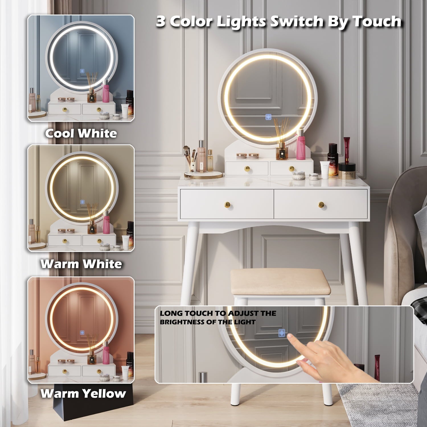 Lowest Prices - Furmax Vanity Table with Lighted Mirror, Vanity Desk with Stool, Dressing Table with 4 Drawers, Makeup Vanity Set, White Finish, for Bedroom