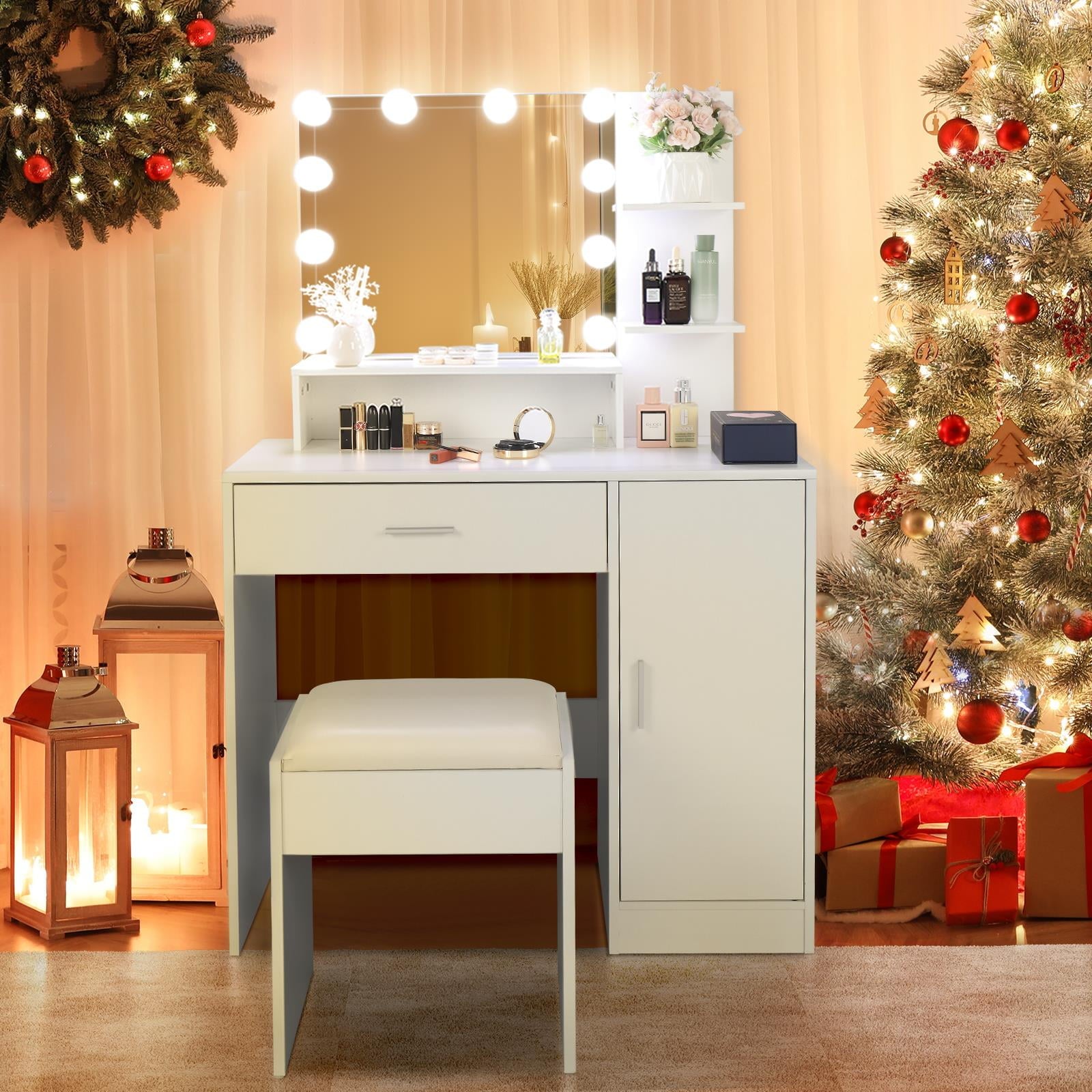 Lowest Prices - Ktaxon Vanity Set with 3 Color Lighted Mirror, Makeup Table with 3 Storage Shelves & Drawers, Dressing Table Makeup Desk with Stool,White