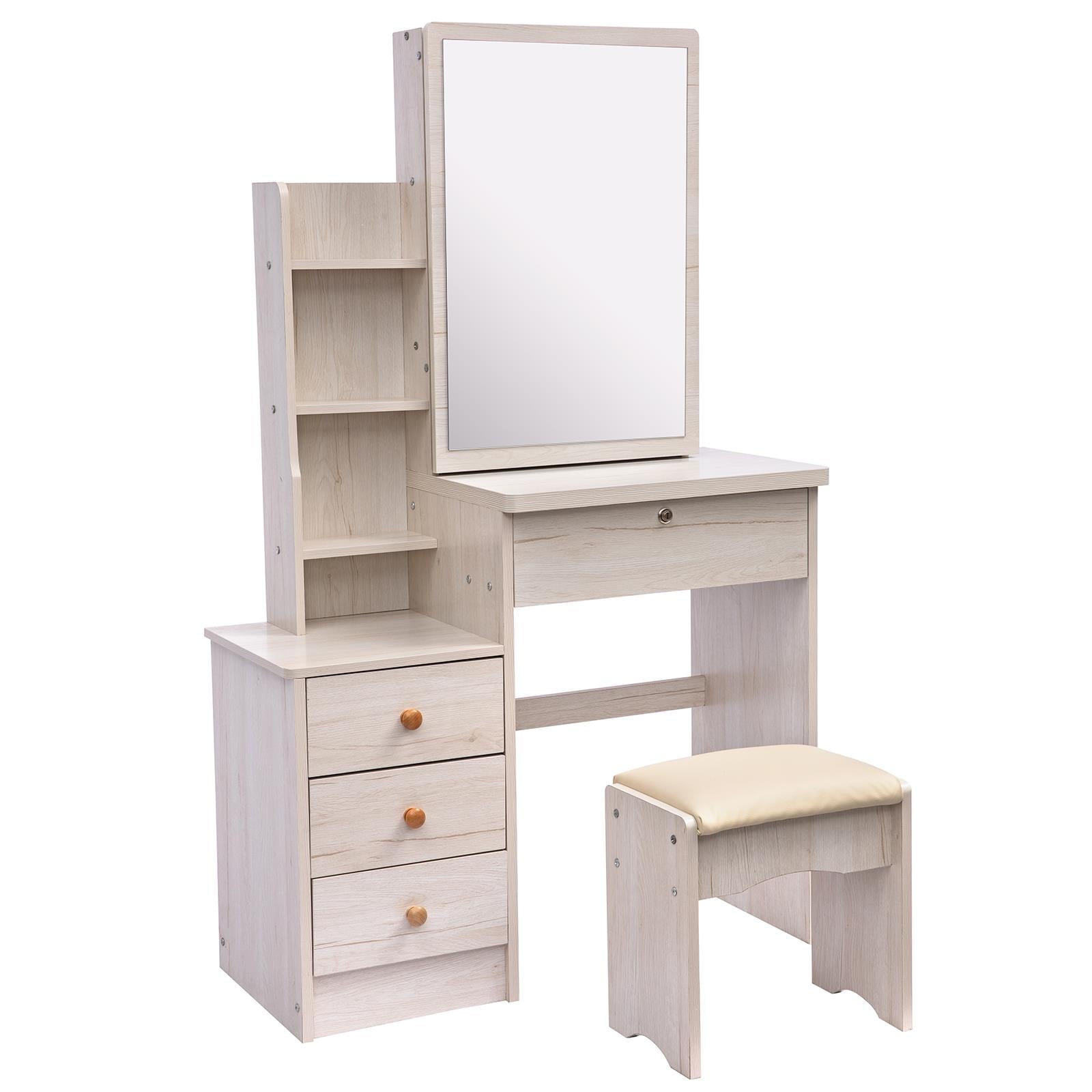 Lowest Prices - UBesGoo Vanity Set with Sliding Mirror, Makeup Vanity Dressing Table with 4 Drawers, Shelves, Dresser Desk and Cushioned Stool Set (White Oak Color)