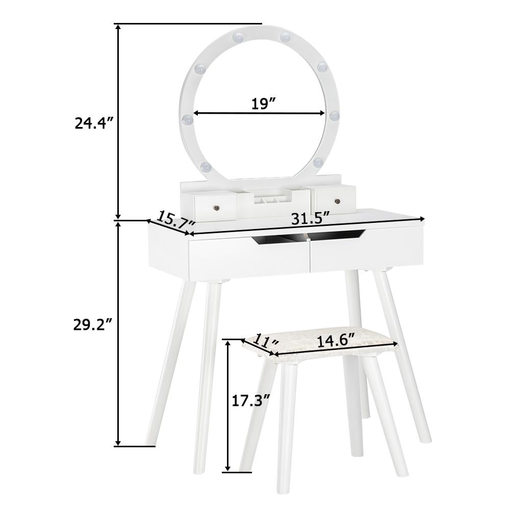Lowest Prices - Ktaxon Vanity Set with Round Lighted Mirror, Makeup Dressing Table with 8 Light Bulbs & Cushioned Stool Set,Bedroom Vanities Set White