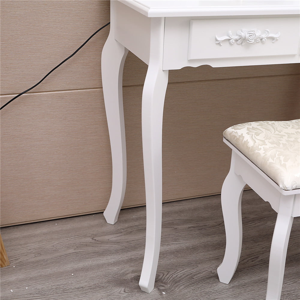 Lowest Prices - Ktaxon Elegance White Dressing Table Vanity Table and Stool Set Wood Makeup Desk with 4 Drawers & Lighted LED Touch Screen Mirror