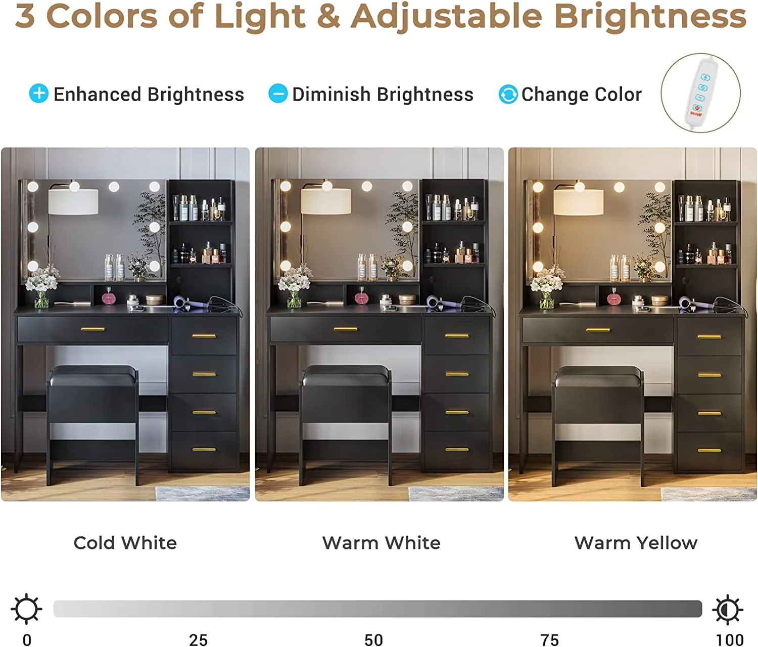 Lowest Prices - Black Vanity Set with Lights & Charging Station & Cushioned Stool, Modern Makeup Vanity Desk Table with Visible Drawers and Open Storage Shelves for Women Girls