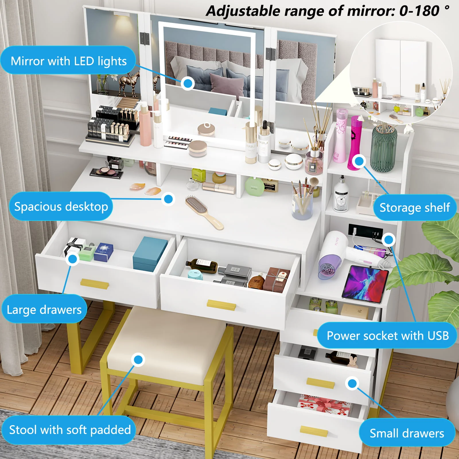 Lowest Prices - PAKASEPT Vanity Set with Tri-Fold Makeup Mirror, Large Vanity Desk Makeup Vanity with 3-Color Adjustable Touch Light, Charging Station, 5 Drawers, Storage Shelves&Cushioned Stool for Bedroom, White