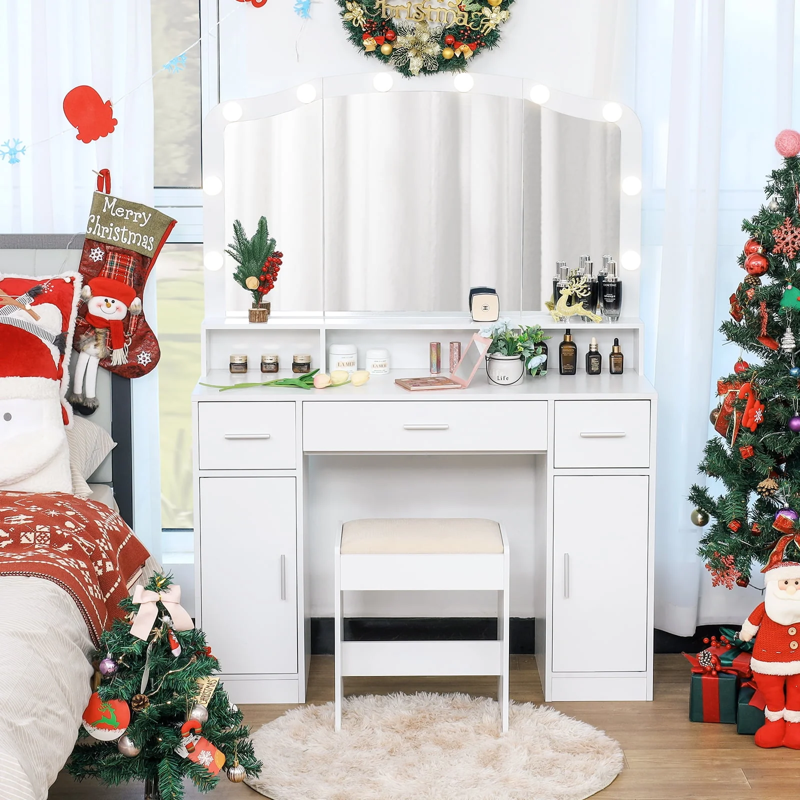 Lowest Prices - USIKEY Large Vanity Set with Large Lighted Mirror, Modern Makeup Vanity Table with 3 Drawers, 2 Storage Cabinets & 10 LED Bulbs and Cushioned Stool for Women, Bedroom, WhiteSZT32WD