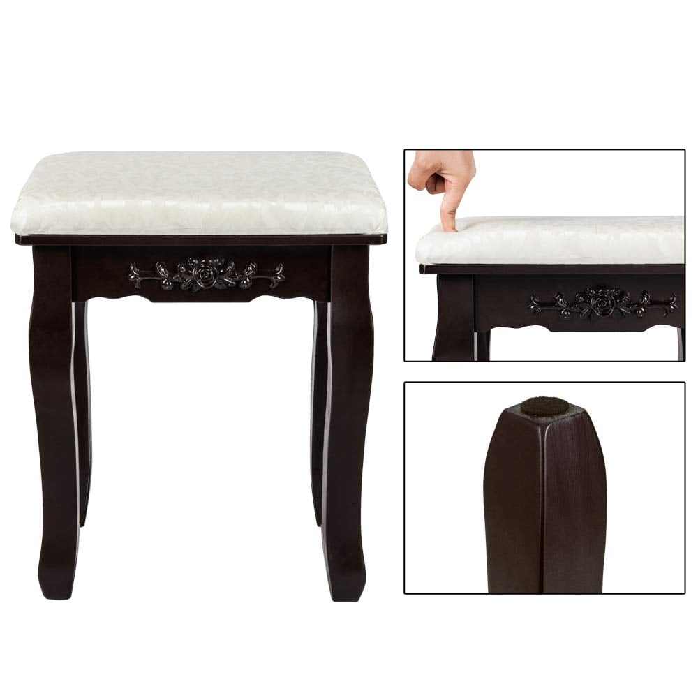 Lowest Prices - UBesGoo 4 Drawer Vanity Makeup Dressing Table Set w/Stool&Mirror Jewelry Wood Brown