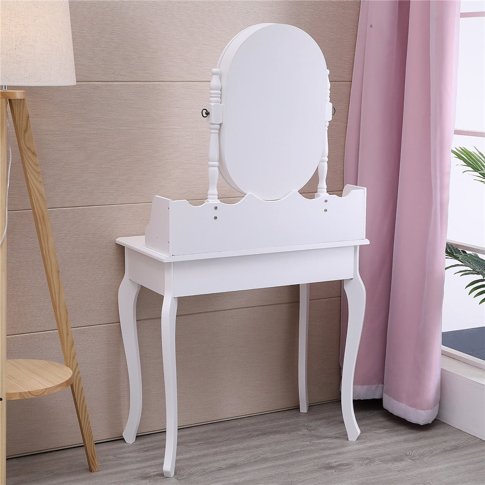 Lowest Prices - Ktaxon Vanity Jewelry Wooden Makeup Dressing Table Set W/Stool Mirror Cabinet &4 Drawer