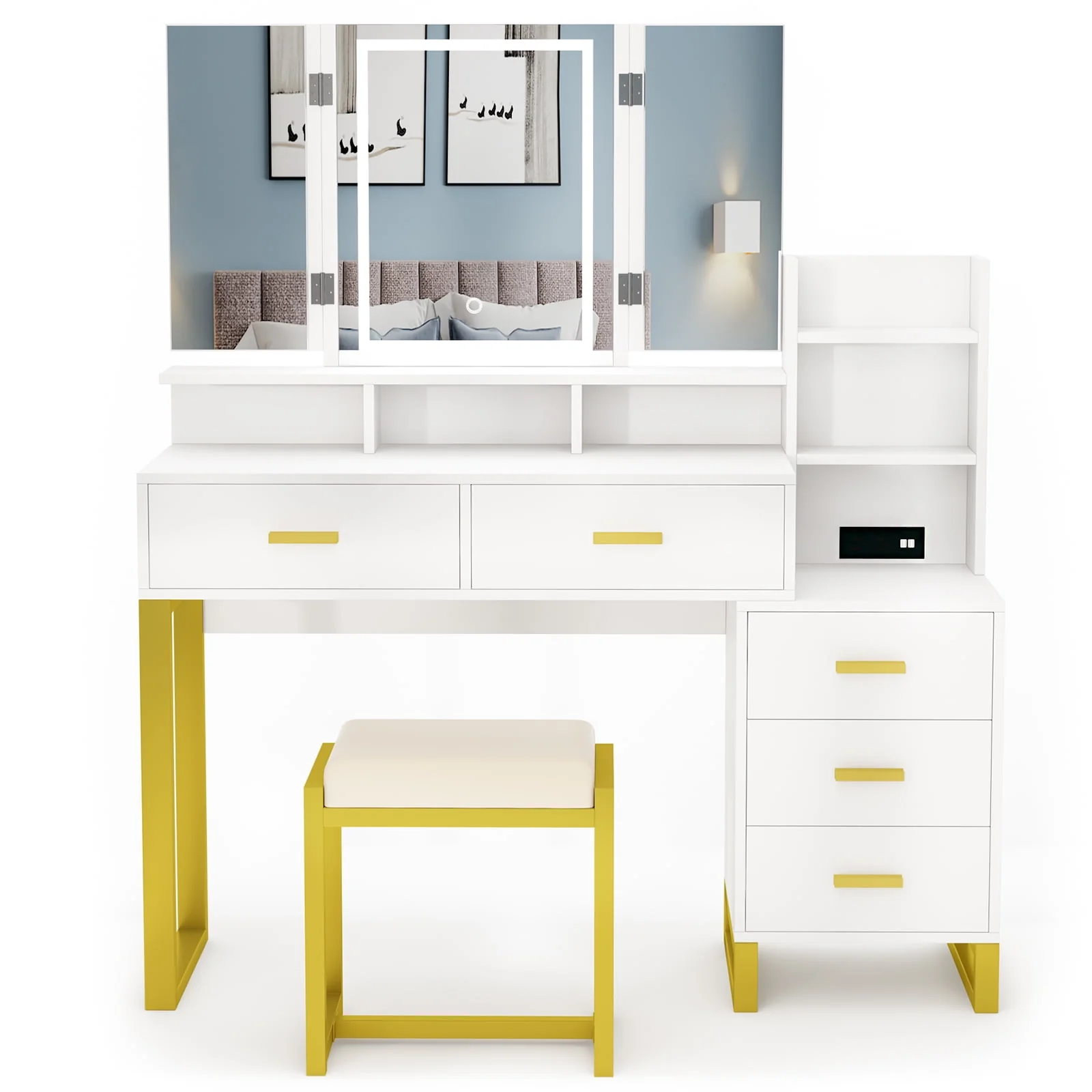 Lowest Prices - PAKASEPT Vanity Set with Tri-Fold Makeup Mirror, Large Vanity Desk Makeup Vanity with 3-Color Adjustable Touch Light, Charging Station, 5 Drawers, Storage Shelves&Cushioned Stool for Bedroom, White