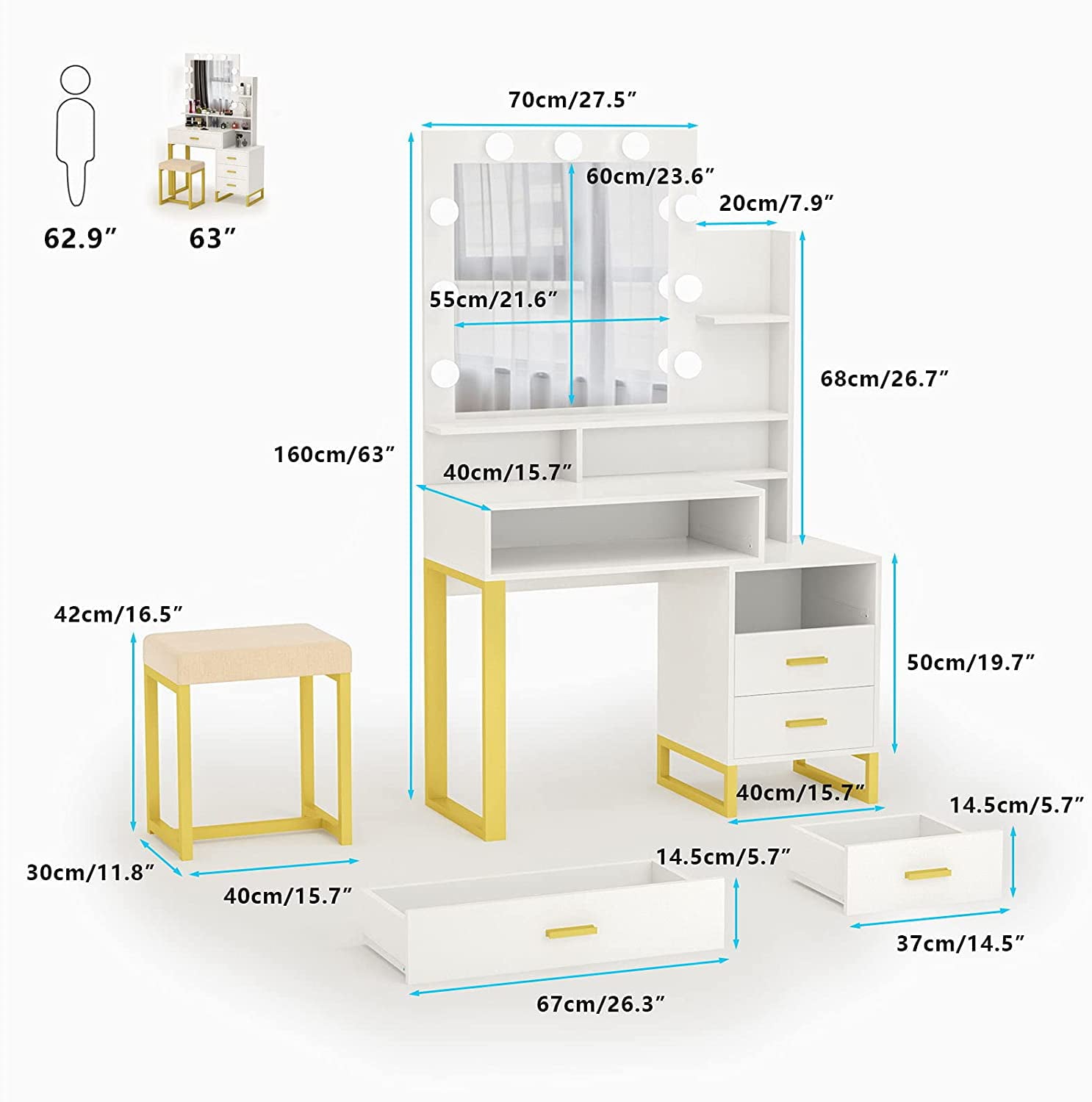 Lowest Prices - Pakasept Vanity Set with Lighted Mirror, Makeup Vanity Dressing Table with LED Light, Drawers, Storage Shelves and Cushioned Stool, Small Vanity Desk for Bedroom