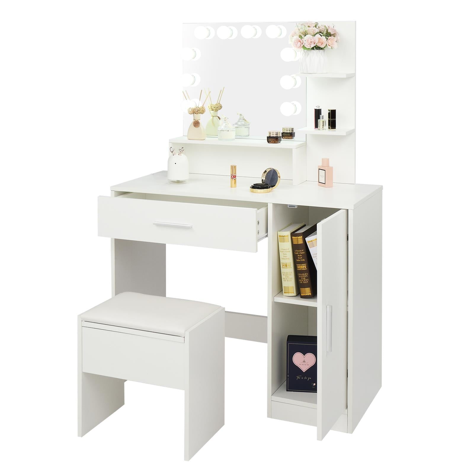 Lowest Prices - Ktaxon Vanity Set with 3 Color Lighted Mirror, Makeup Table with 3 Storage Shelves & Drawers, Dressing Table Makeup Desk with Stool,White