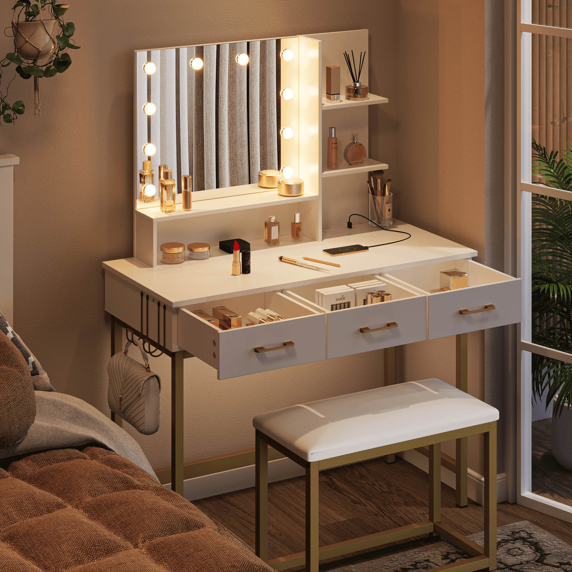 Lowest Prices - Bestier Vanity Set with Lighted Mirror & Power Outlet, Makeup Table with Drawers & Cushioned Stool for Bedroom in White