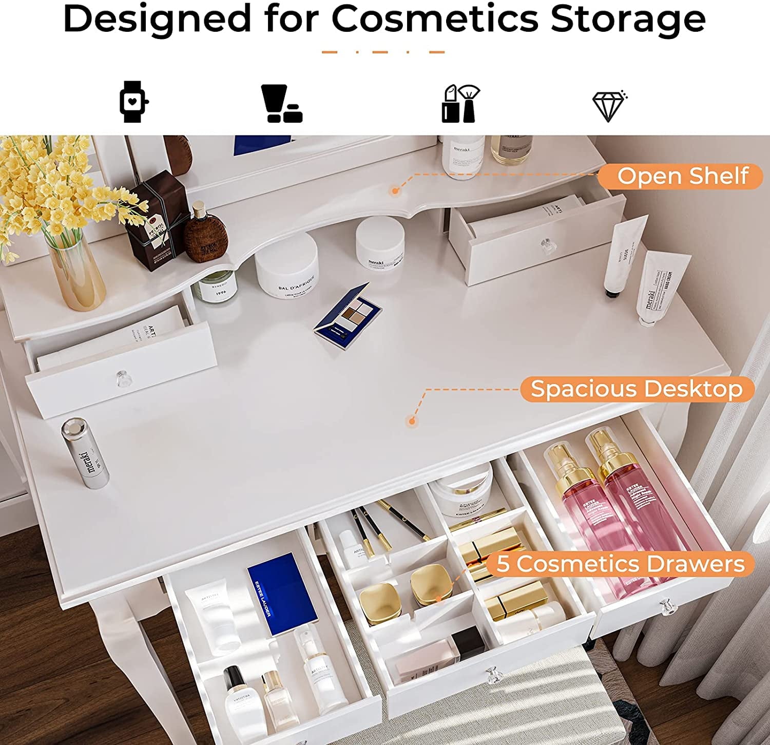 Lowest Prices - Tiptiper Vanity Table Set with Lighted Tri-Fold Mirror and Stool, Makeup Vanity Dressing Desk 5 Drawers, White