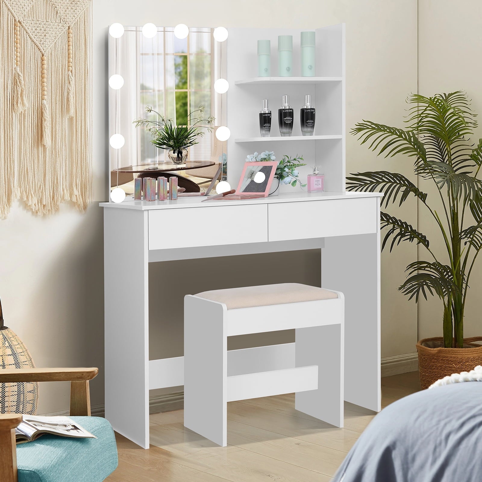 Lowest Prices - USIKEY Vanity Table Set for Gift with 10 Hollywood Style Lights, Dressing Vanity Table with 2 Long Shelves and 2 Big Drawers, Makeup Table with Cushioned Stool for Women, Girls, Bedroom, White