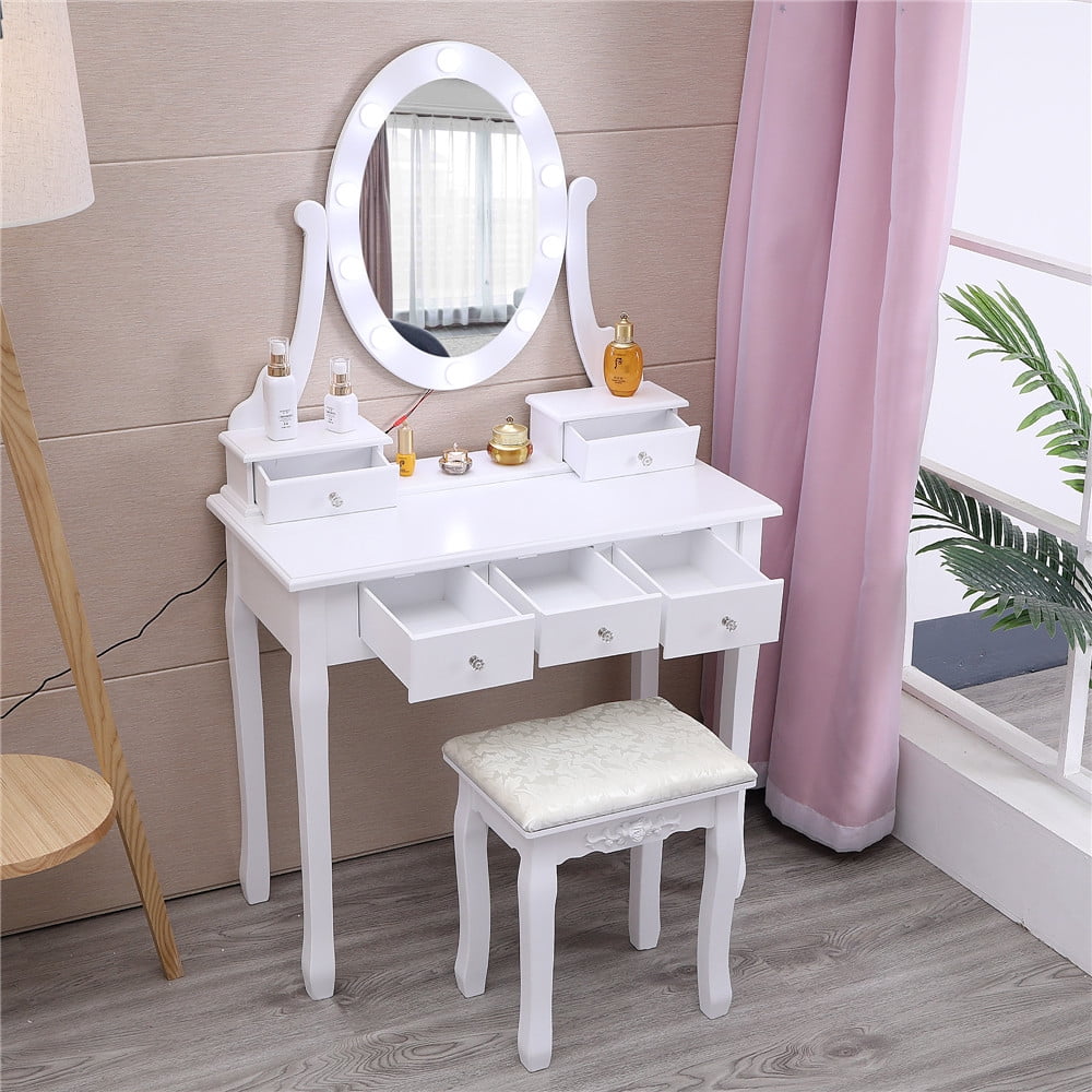 Lowest Prices - Ktaxon Vanity Table 10 LED Lights, 5 Drawers Makeup Dressing Desk with Cushioned Stool Set,Bedroom Vanities Set White