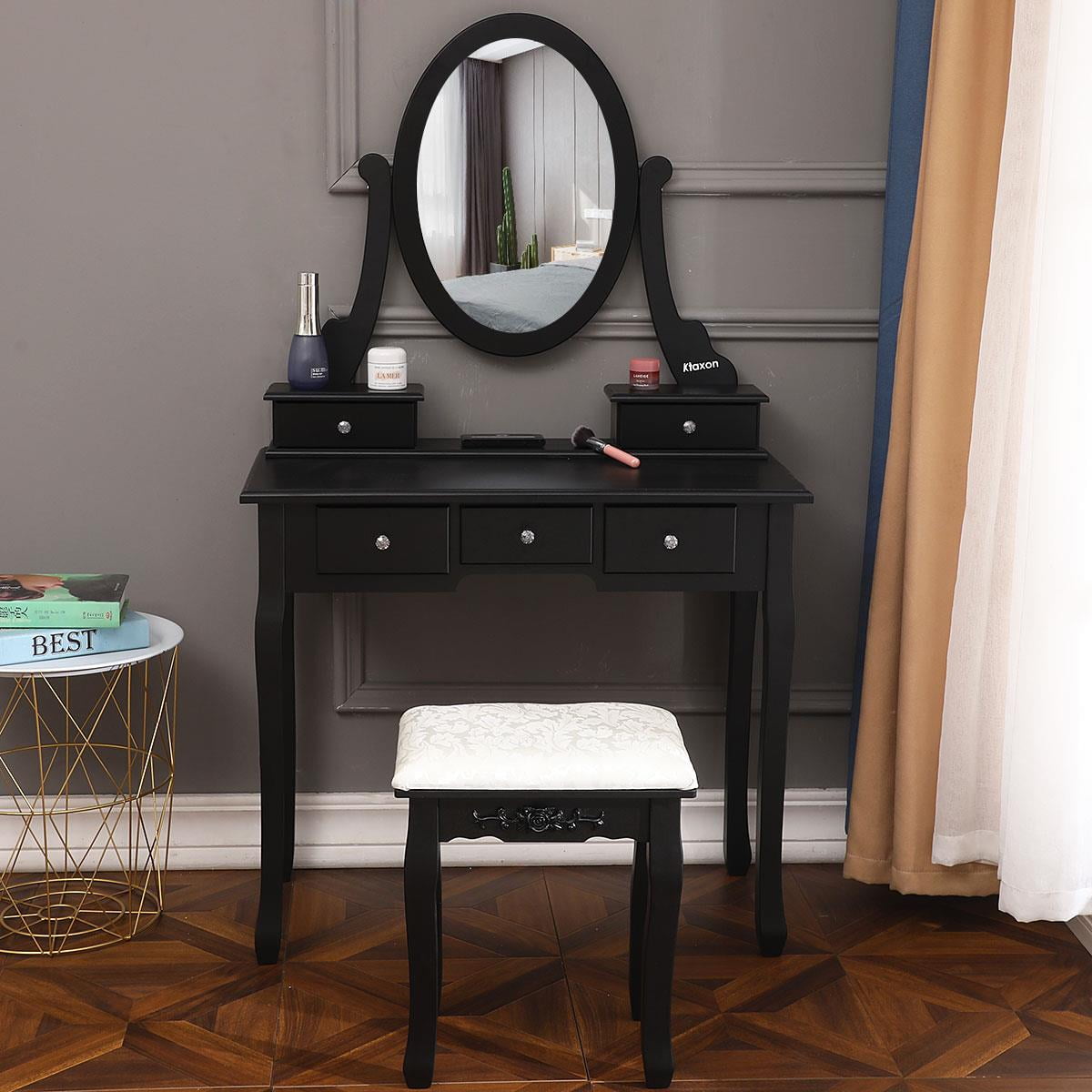 Lowest Prices - SamyoHome Oval Mirror Vanity Makeup Dressing Table and Stool Set Jewelry Desk with 5 Drawers, Black