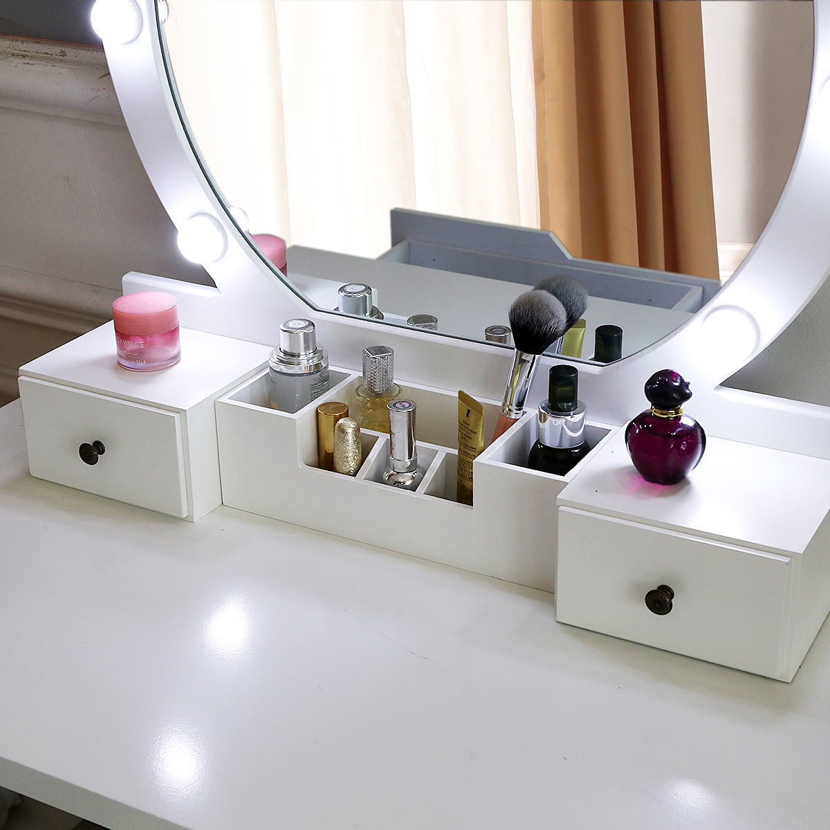 Lowest Prices - Ktaxon Vanity Set with Round Lighted Mirror, Makeup Dressing Table with 8 Light Bulbs & Cushioned Stool Set,Bedroom Vanities Set White