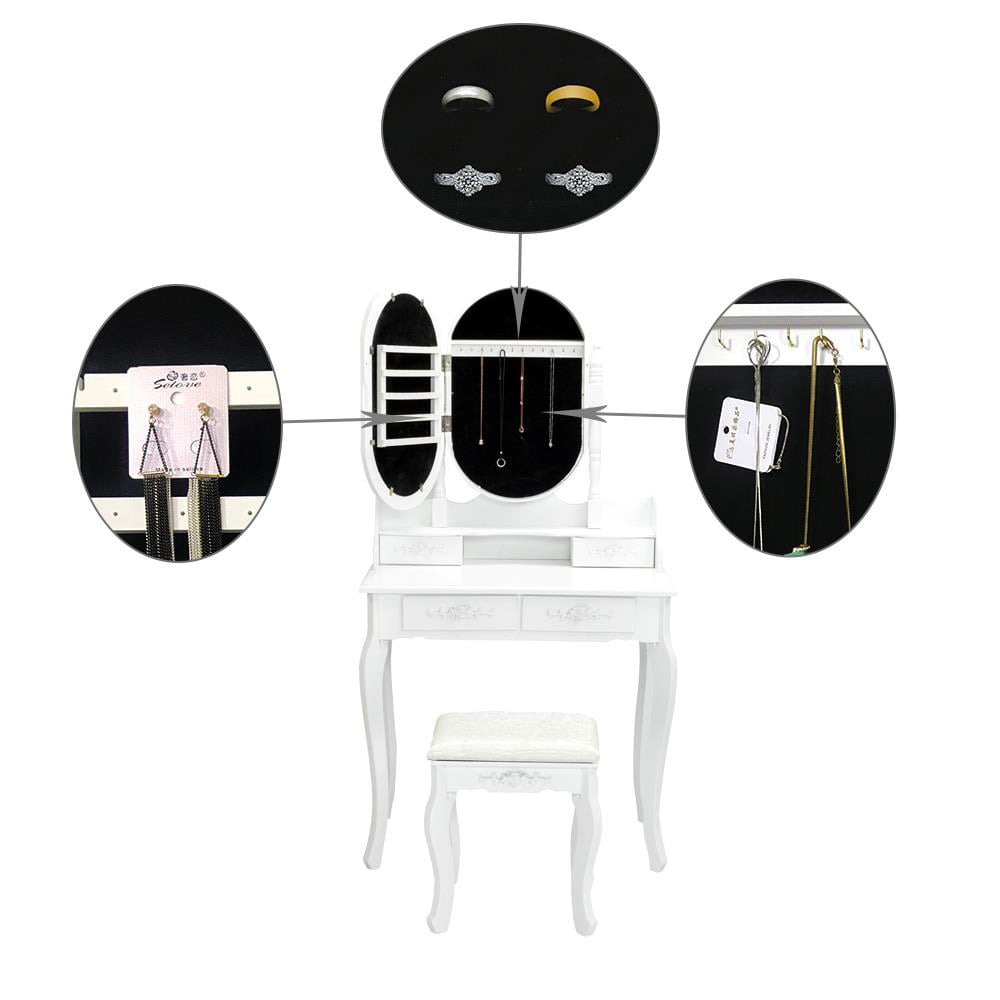 Lowest Prices - Ktaxon Vanity Jewelry Wooden Makeup Dressing Table Set W/Stool Mirror Cabinet &4 Drawer