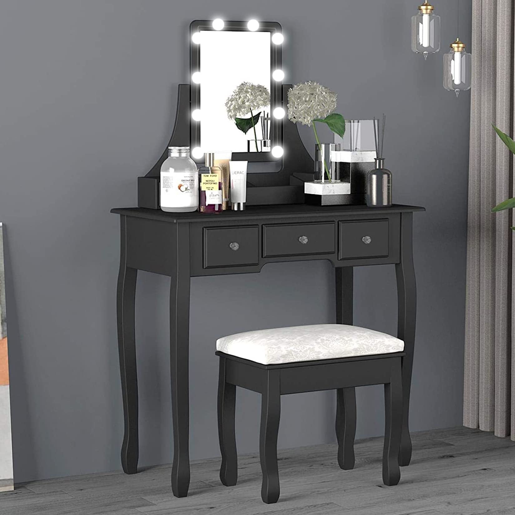 Lowest Prices - VEANERWOOD Makeup Vanity Table with 10 Led Lights, Lighted Mirror Vanity Desk with Cushioned Stool Set, 5 Drawers and 2 Shelves, Bedroom Dressing Vanity, Luxurious, Black