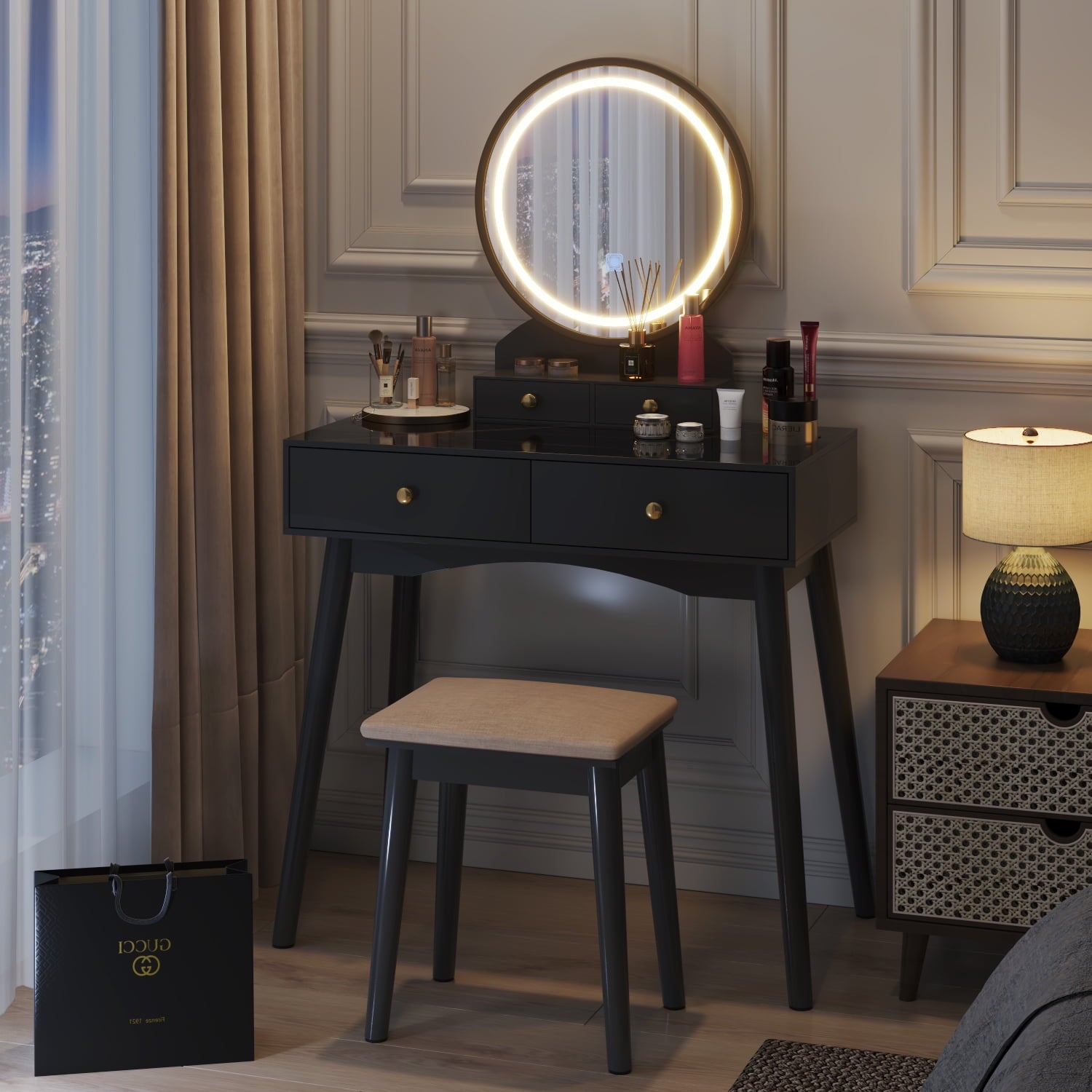 Lowest Prices - Furmax Vanity Table with Lighted Mirror, Vanity Desk with Stool, Dressing Table with 4 Drawers, Makeup Vanity Set, Black Finish, for Bedroom