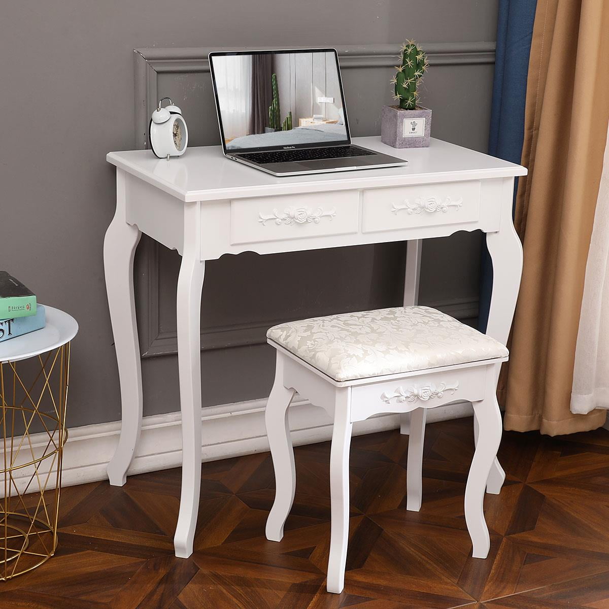Lowest Prices - Ktaxon Elegance White Dressing Table Vanity Table and Stool Set Wood Makeup Desk with 4 Drawers & Mirror