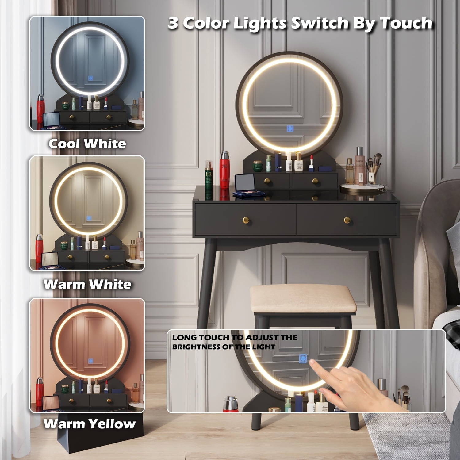 Lowest Prices - Furmax Vanity Table with Lighted Mirror, Vanity Desk with Stool, Dressing Table with 4 Drawers, Makeup Vanity Set, Black Finish, for Bedroom