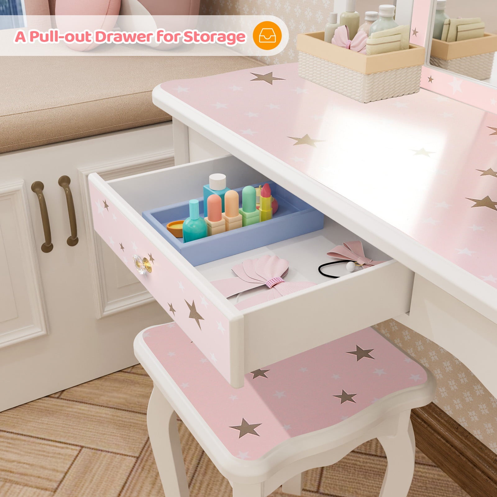 Lowest Prices - JOYMOR Kids Vanity Table and Stool for Makeup Dressing with Mirrors Drawers, White