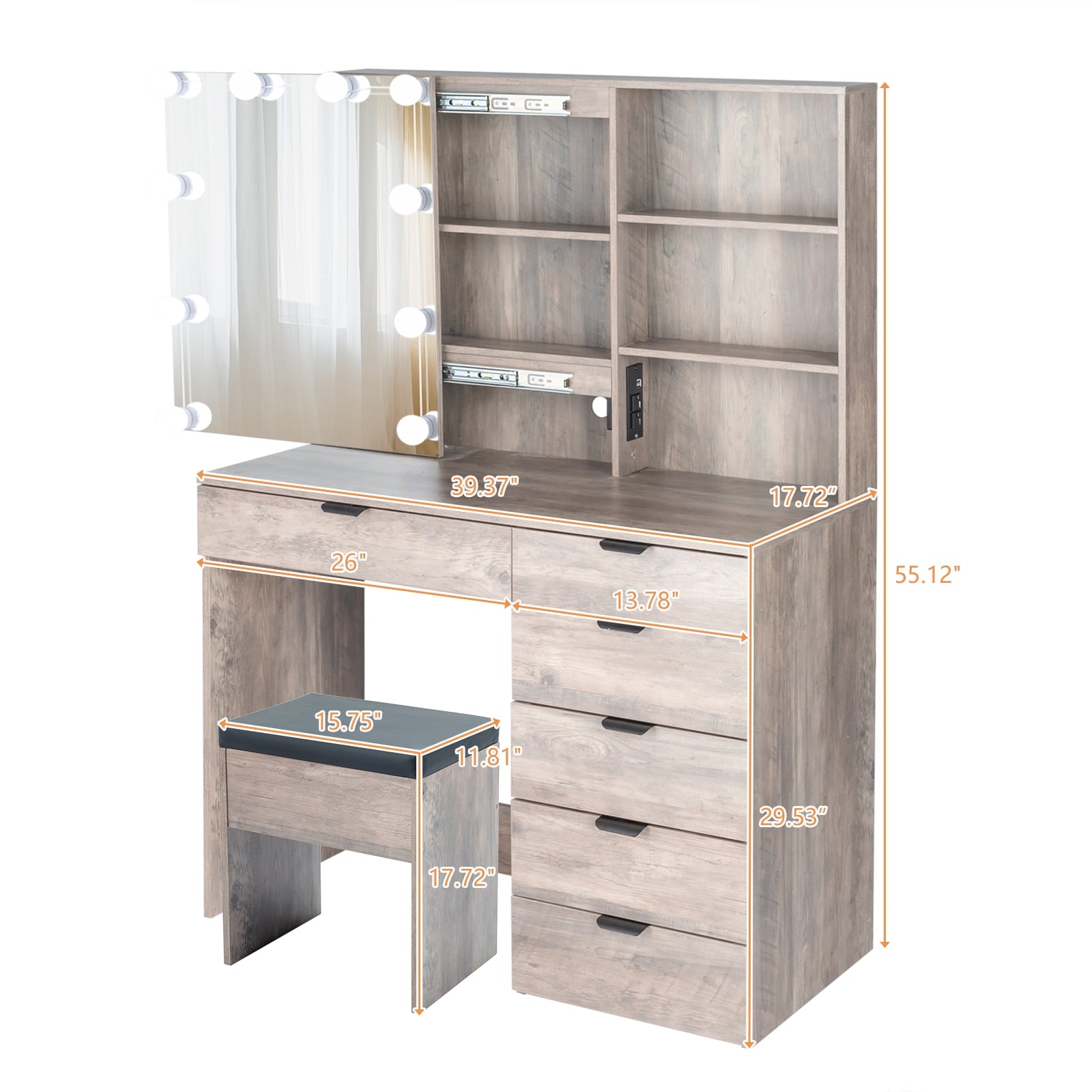 Lowest Prices - Ktaxon Vanity Set with 3 Color Lighted Mirror & Charging Station, Makeup Table with 6 Drawers, Dressing Table Makeup Desk with Stool,Retro Gray