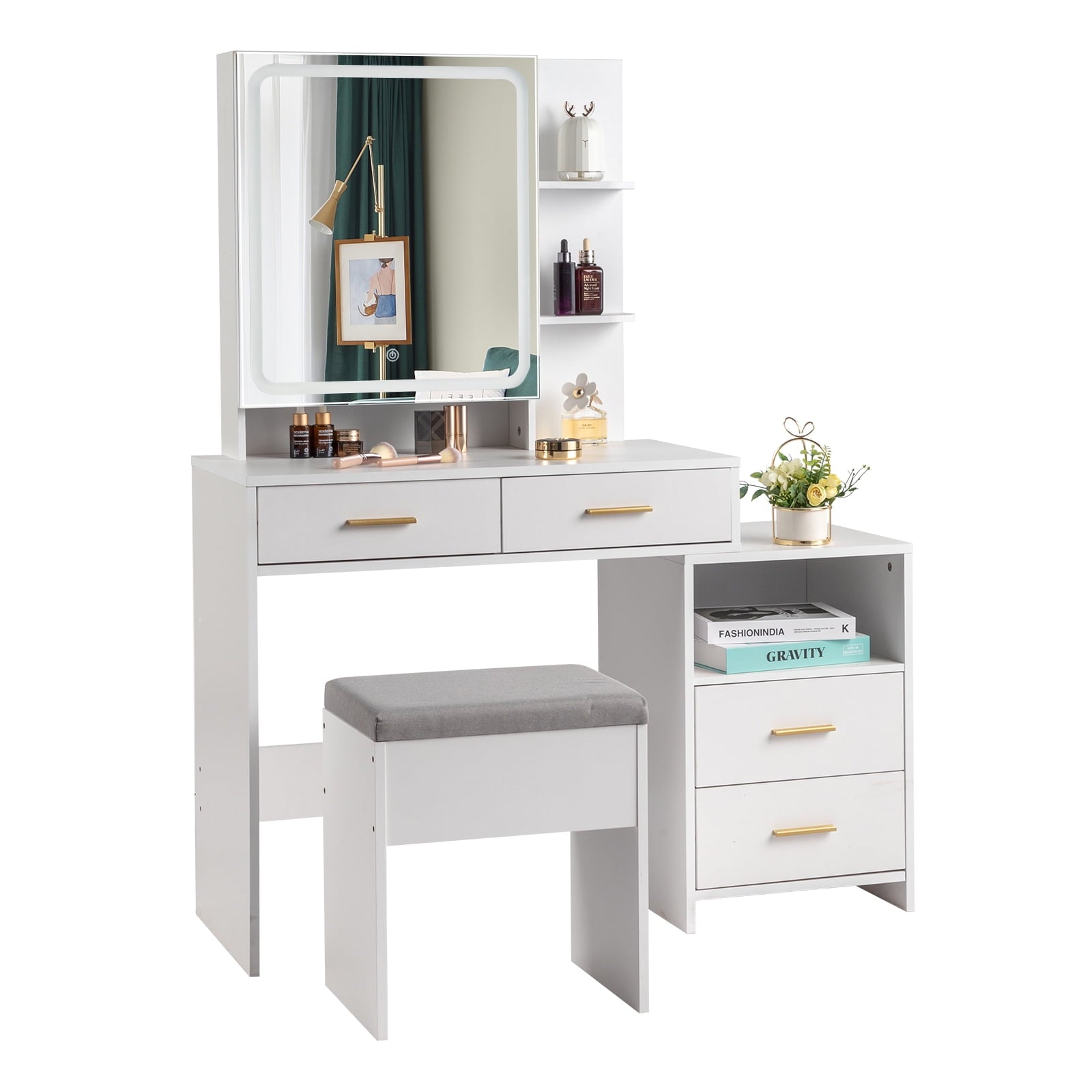 Lowest Prices - Ktaxon 3 Color Lighted Vanity Table with Sliding Mirror Vanity Set with Storage Drawers Hidden Shelves Cushion Stool White