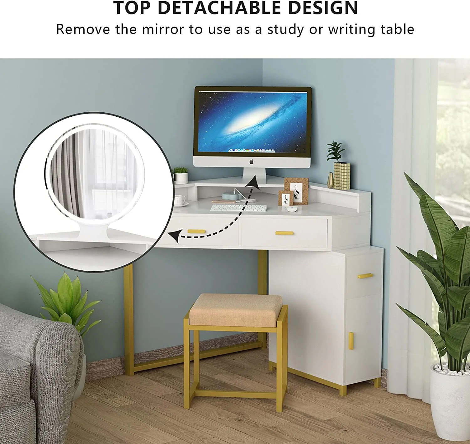 Lowest Prices - Corner Vanity Set with Lighted Mirror, Makeup Vanity Dressing Table with Drawers, Cabinet and Cushioned Stool, Girls Vanity Desk for Bathroom, Bedroom, White by TZUTOGETHER