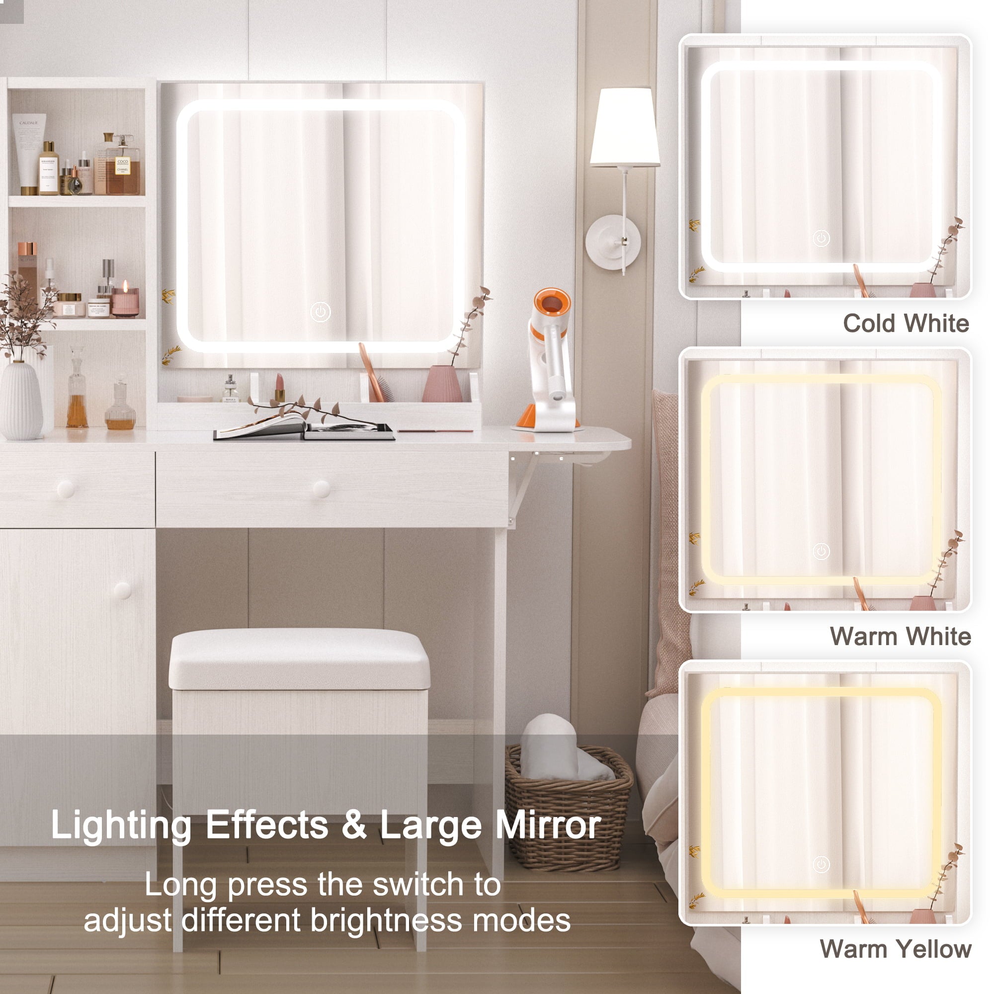 Lowest Prices - IRONCK Vanity Desk with LED Lighted Mirror & Power Outlet, Makeup Table with Drawers & Cabinet,Storage Stool,for Bedroom, White