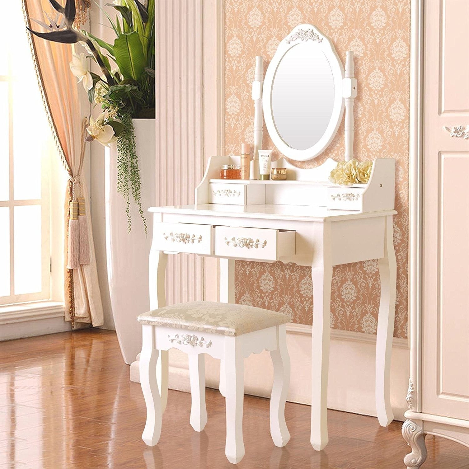 Lowest Prices - Ktaxon Elegance White Dressing Table Vanity Table and Stool Set Wood Makeup Desk with 4 Drawers & Mirror