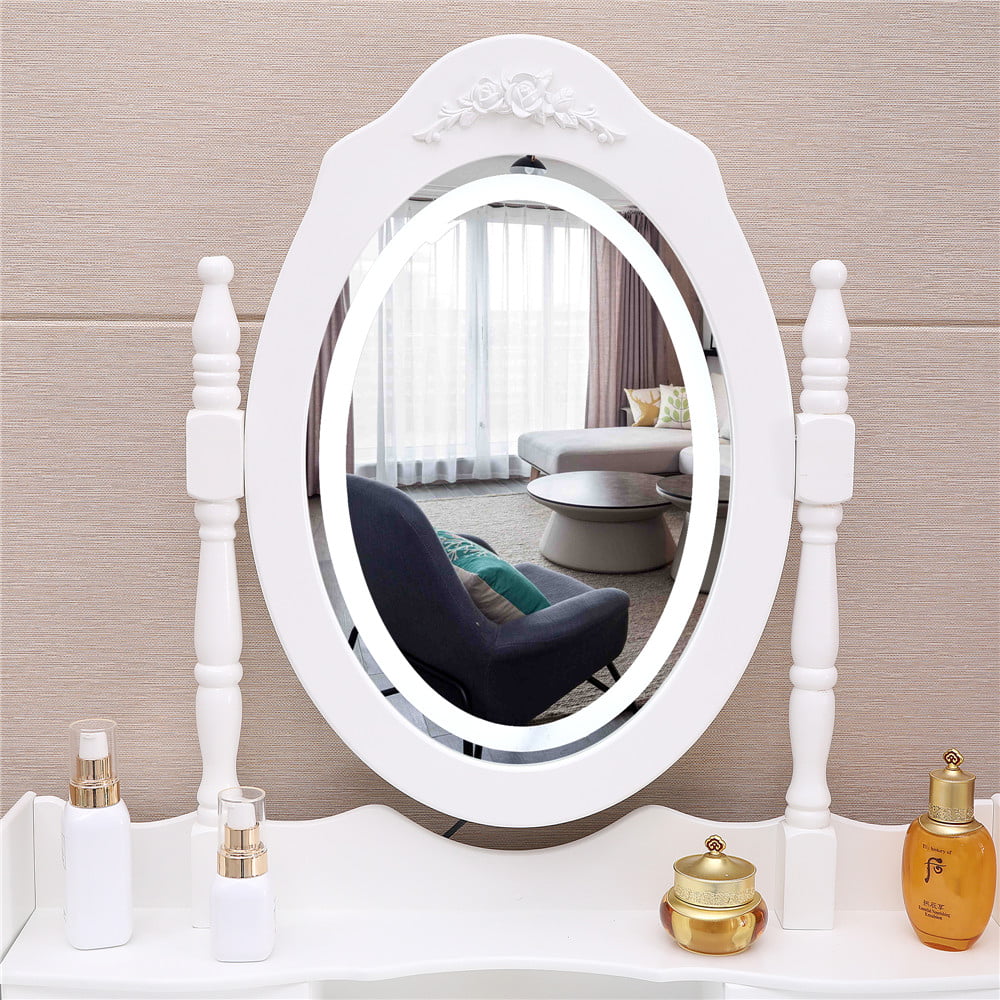 Lowest Prices - Ktaxon Elegance White Dressing Table Vanity Table and Stool Set Wood Makeup Desk with 4 Drawers & Lighted LED Touch Screen Mirror