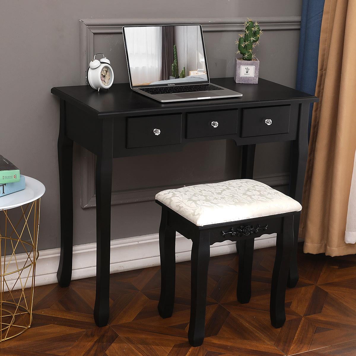 Lowest Prices - SamyoHome Oval Mirror Vanity Makeup Dressing Table and Stool Set Jewelry Desk with 5 Drawers, Black
