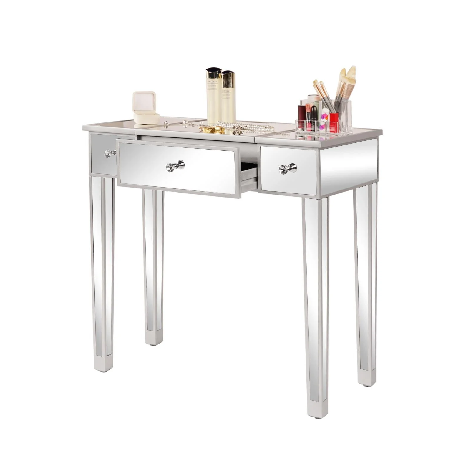 Lowest Prices - Zimtown Vanity Table Makeup Dressing Table Wood Jewelry Desk with Flip-top Mirror 3 drawers(Stool is NOt INCLUDED),Silver