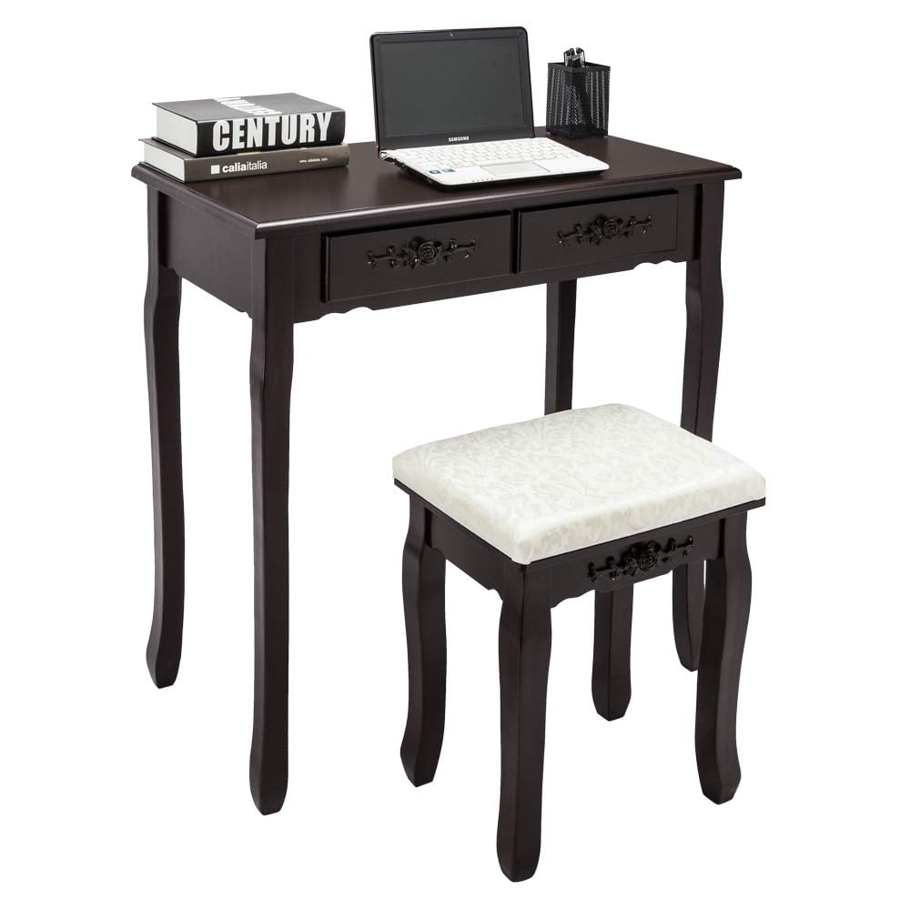 Lowest Prices - UBesGoo 4 Drawer Vanity Makeup Dressing Table Set w/Stool&Mirror Jewelry Wood Brown