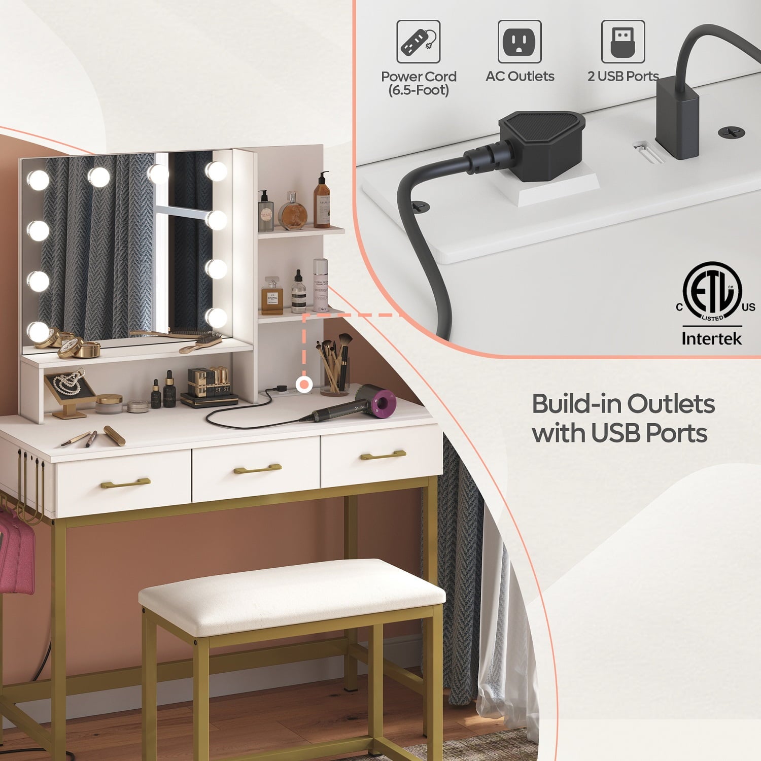 Lowest Prices - Bestier Vanity Set with Lighted Mirror & Power Outlet, Makeup Table with Drawers & Cushioned Stool for Bedroom in White