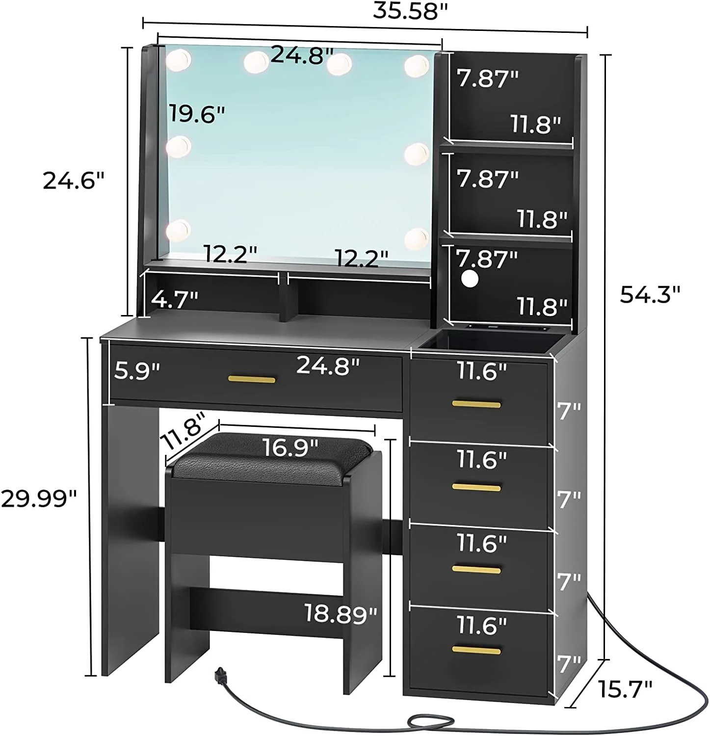 Lowest Prices - Black Vanity Set with Lights & Charging Station & Cushioned Stool, Modern Makeup Vanity Desk Table with Visible Drawers and Open Storage Shelves for Women Girls