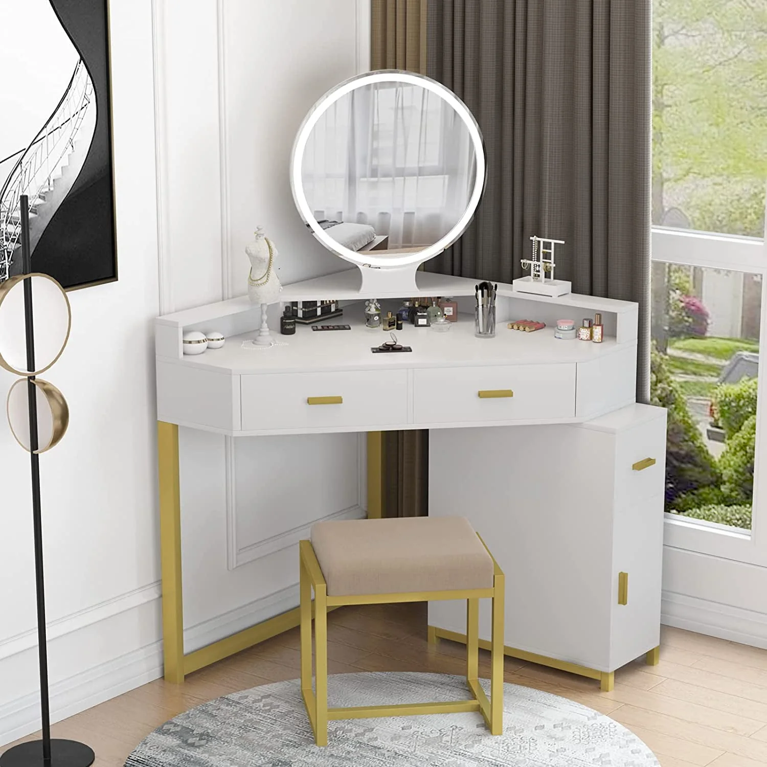 Lowest Prices - Corner Vanity Set with Lighted Mirror, Makeup Vanity Dressing Table with Drawers, Cabinet and Cushioned Stool, Girls Vanity Desk for Bathroom, Bedroom, White by TZUTOGETHER