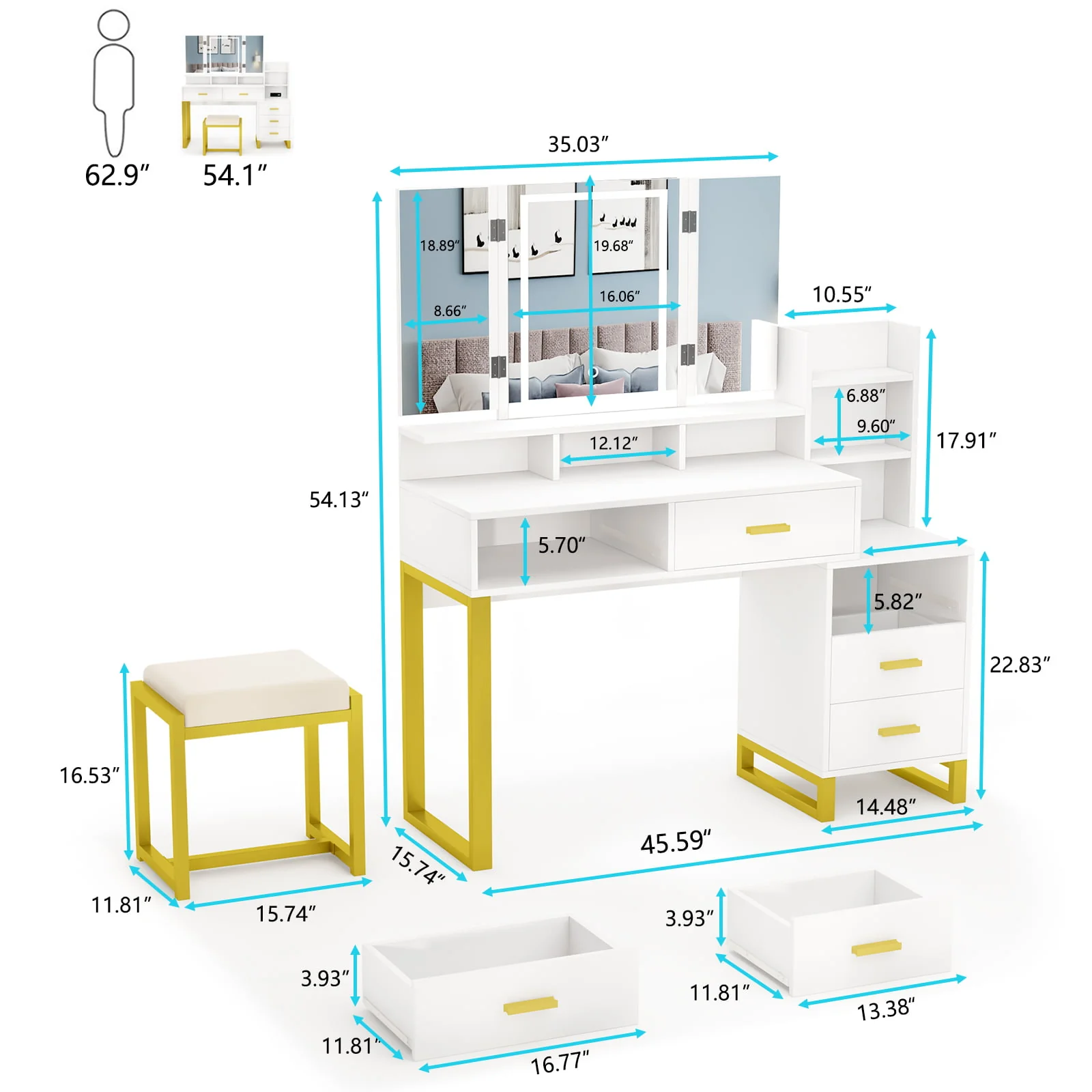 Lowest Prices - PAKASEPT Vanity Set with Tri-Fold Makeup Mirror, Large Vanity Desk Makeup Vanity with 3-Color Adjustable Touch Light, Charging Station, 5 Drawers, Storage Shelves&Cushioned Stool for Bedroom, White