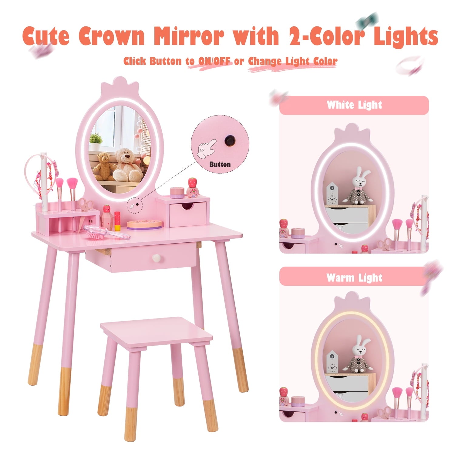 Lowest Prices - BRINJOY Kids Vanity Set with Mirror, Wooden Make Up Beauty Dressing Table with Lights & Stool & Jewelry Rack & Storage Board, Children Princess Vanity Table Pretend Playset for Girls