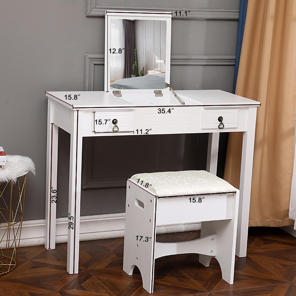 Lowest Prices - Ktaxon Dressing Table Vanity Set Makeup Table with Flip-top Mirror,Cushioned Stool and 2 drawers,White