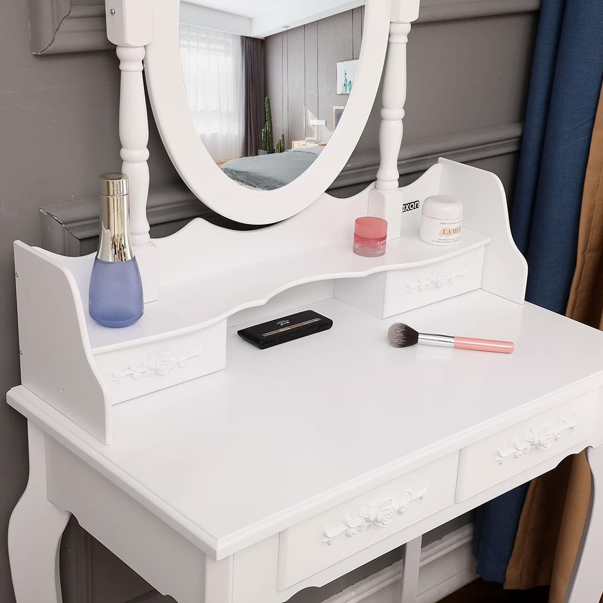 Lowest Prices - Ktaxon Elegance White Dressing Table Vanity Table and Stool Set Wood Makeup Desk with 4 Drawers & Mirror