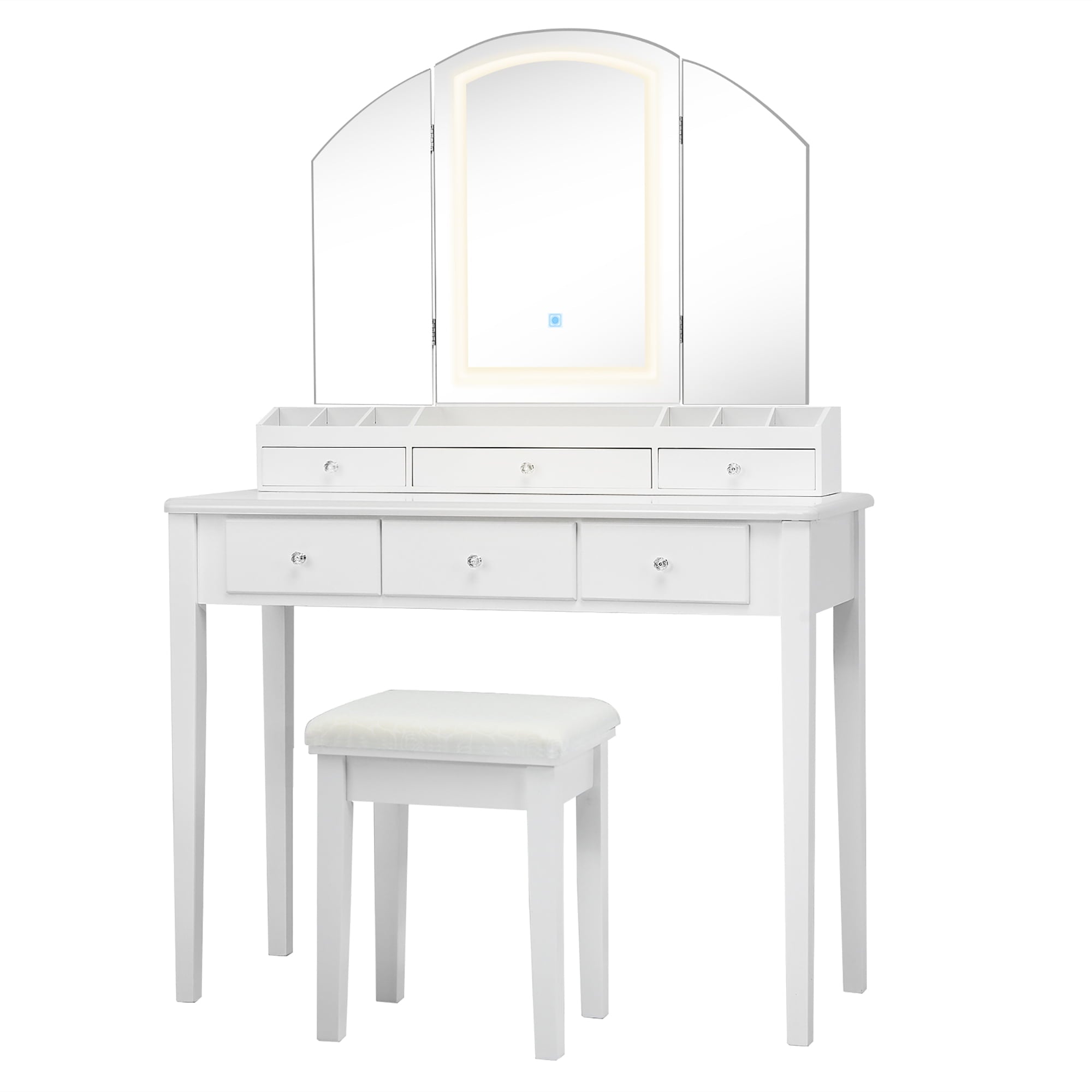 Lowest Prices - Costway Vanity Table Stool Set Large Tri-folding Lighted Mirror 6 Drawer Dresser White