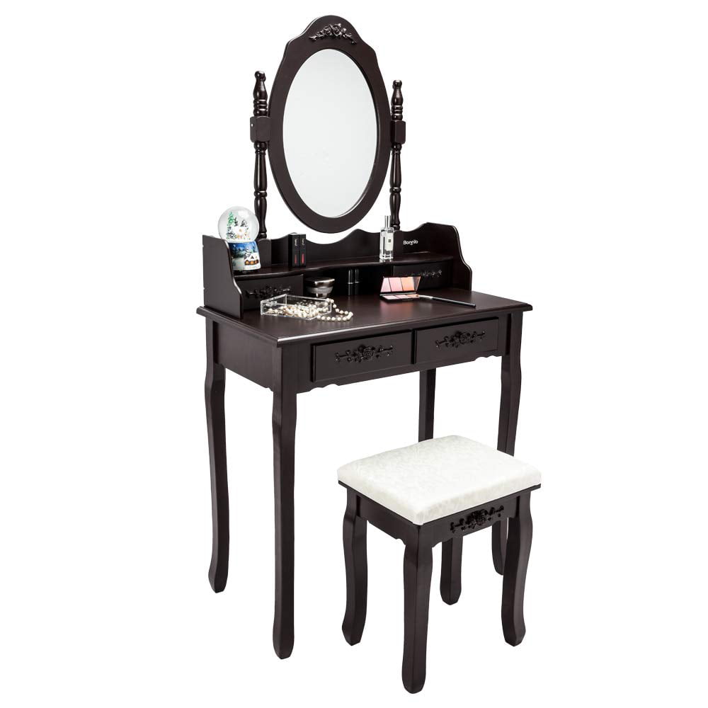 Lowest Prices - UBesGoo 4 Drawer Vanity Makeup Dressing Table Set w/Stool&Mirror Jewelry Wood Brown
