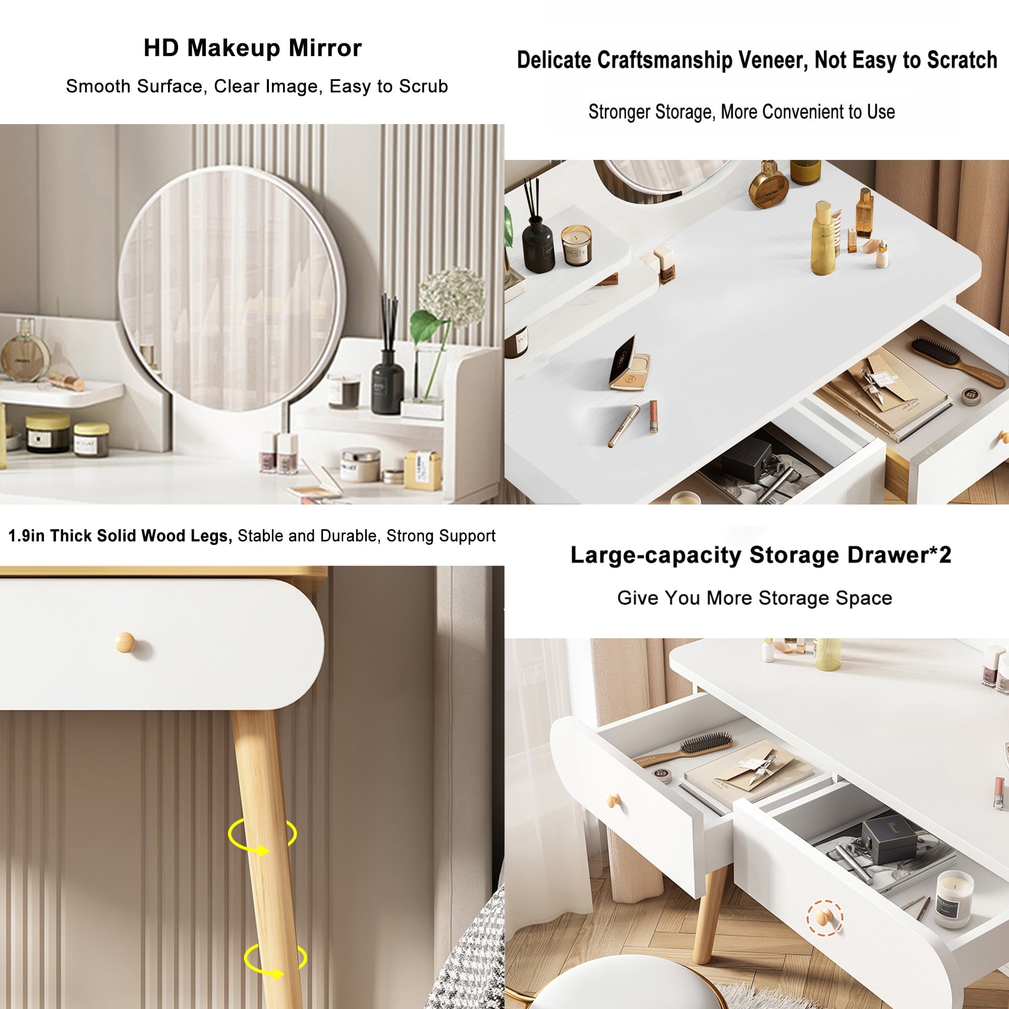 Lowest Prices - Modern Vanity Table Makeup Desk, 2 Drawers and 4 Shelves for Bedroom White(Without Stool and LED)