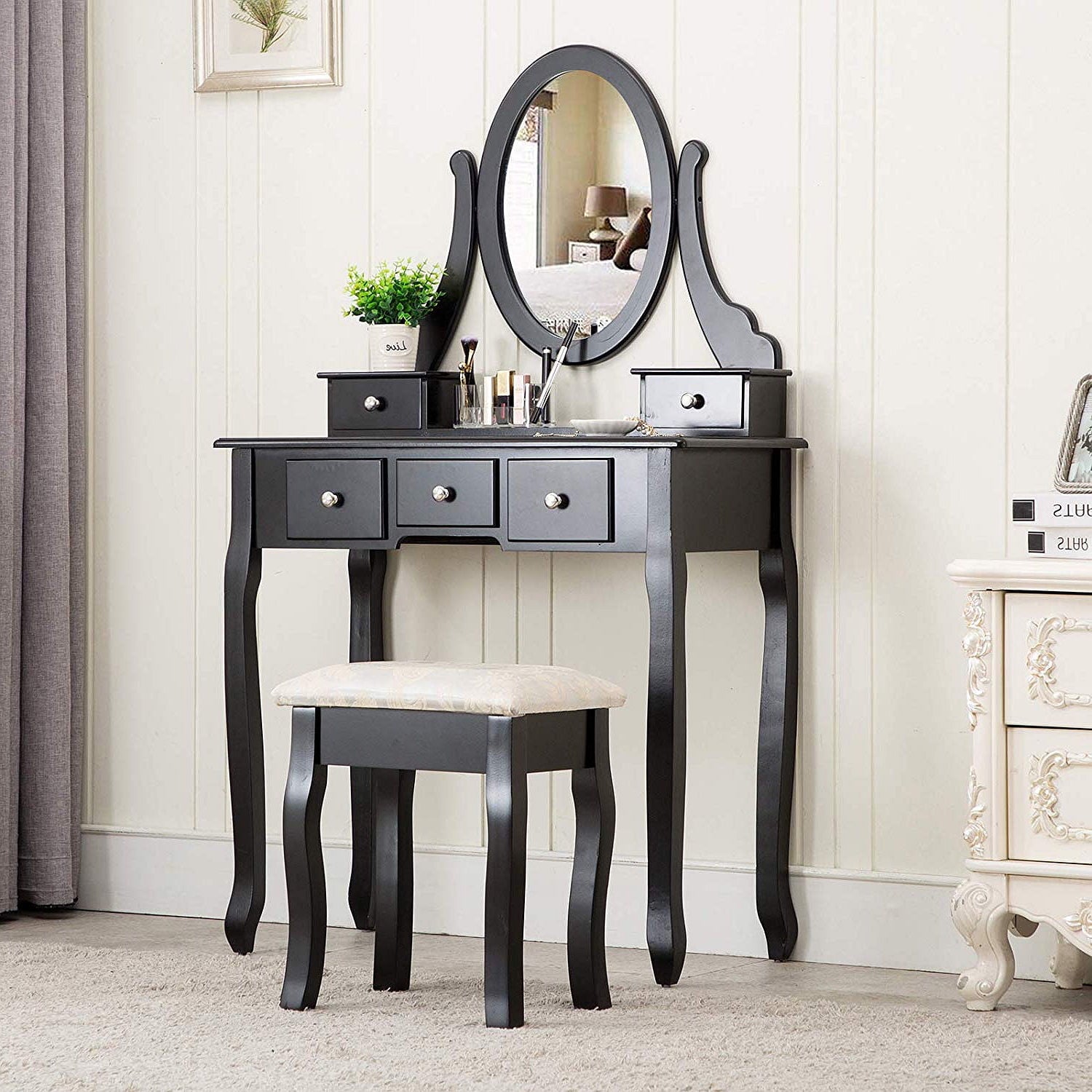 Lowest Prices - Ktaxon Black Vanity Set with Stool,Makeup Table with 5 Drawers & Mirror, Room Dresser