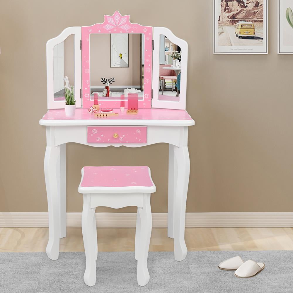 Lowest Prices - BaytoCare Kids Vanity Table Wooden Dressing Table with Stool and Drawer