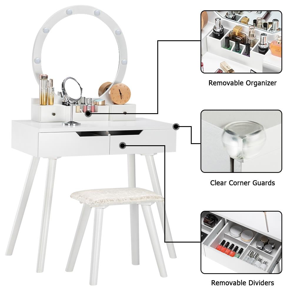 Lowest Prices - Ktaxon Vanity Set with Round Lighted Mirror, Makeup Dressing Table with 8 Light Bulbs & Cushioned Stool Set,Bedroom Vanities Set White
