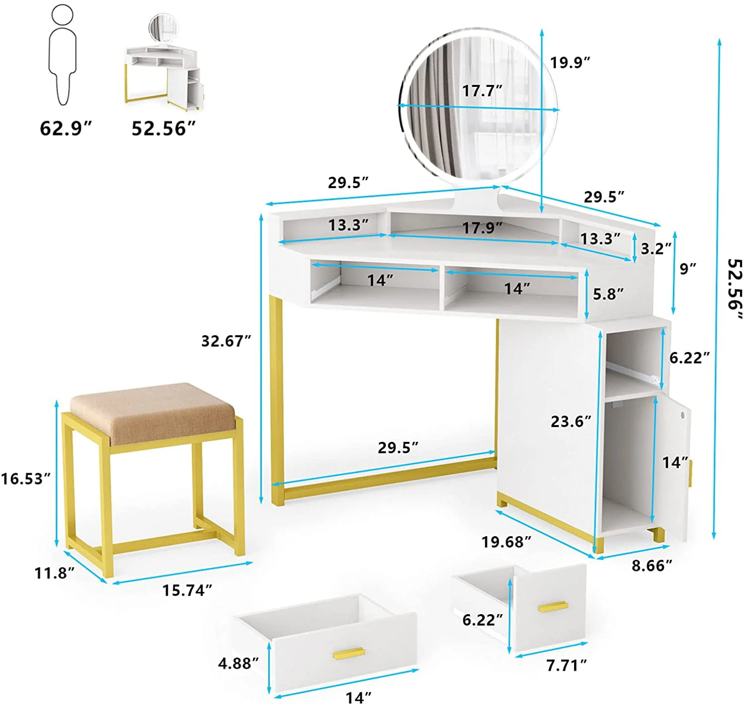 Lowest Prices - Corner Vanity Set with Lighted Mirror, Makeup Vanity Dressing Table with Drawers, Cabinet and Cushioned Stool, Girls Vanity Desk for Bathroom, Bedroom, White by TZUTOGETHER