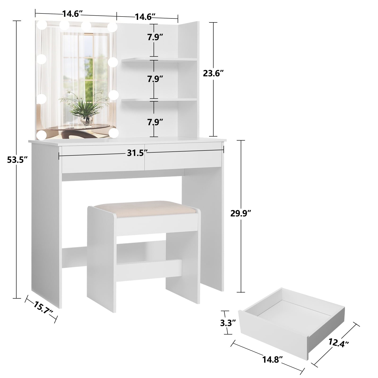 Lowest Prices - USIKEY Vanity Table Set for Gift with 10 Hollywood Style Lights, Dressing Vanity Table with 2 Long Shelves and 2 Big Drawers, Makeup Table with Cushioned Stool for Women, Girls, Bedroom, White